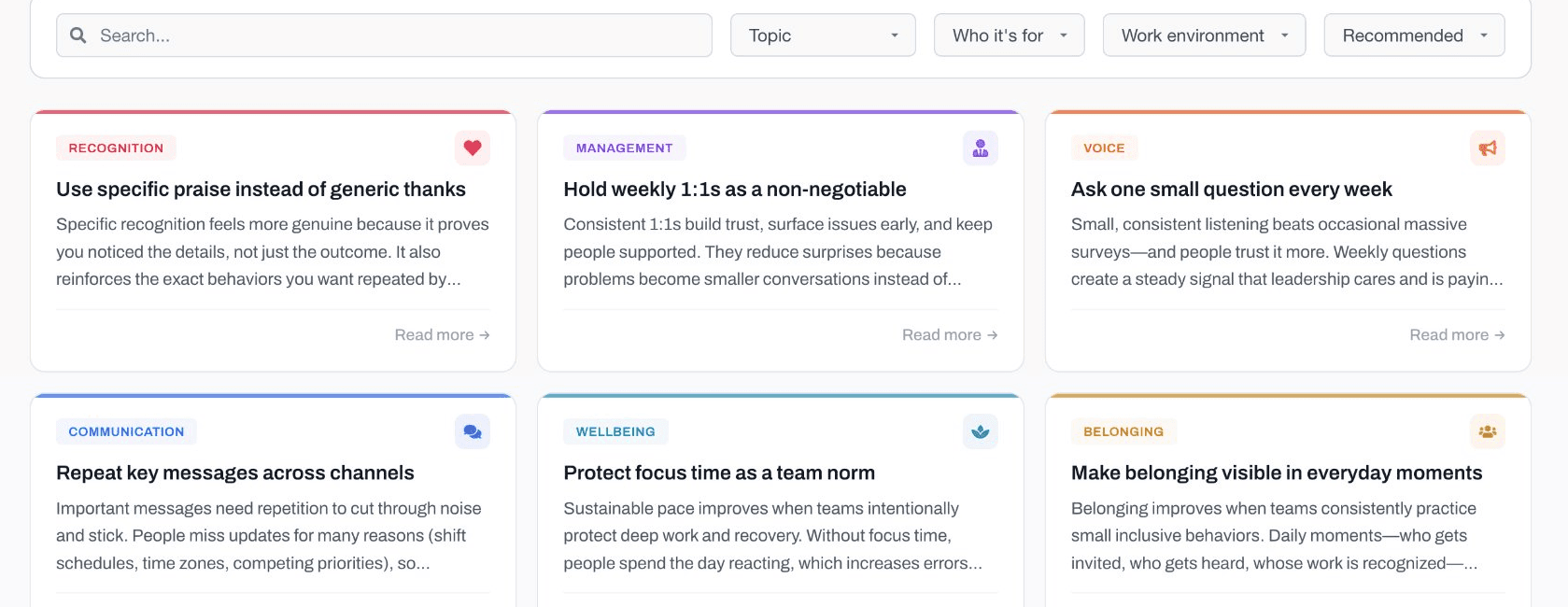 Teamvibe culture library showing actionable playbooks and team culture tips