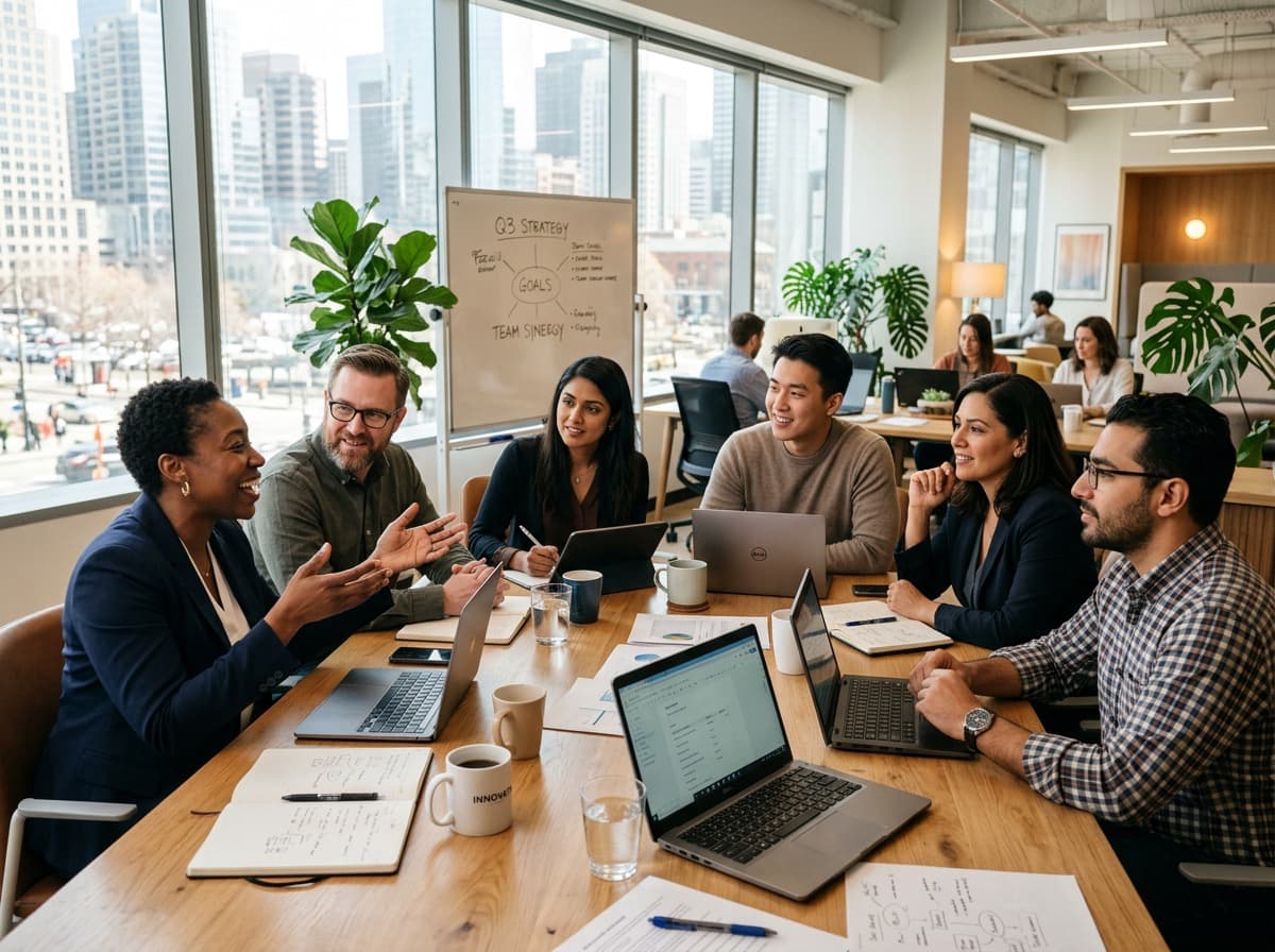 A team collaborating in a thriving, people-first workplace