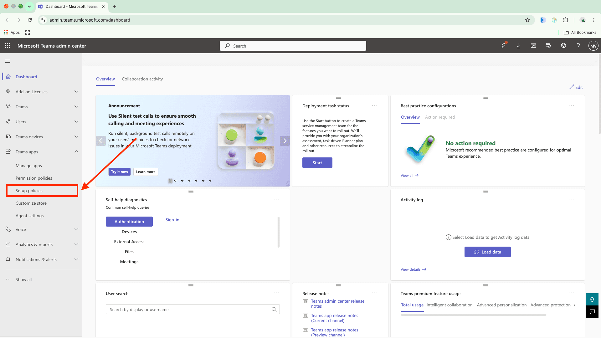 Teams admin center left menu with Teams apps expanded and Setup policies selected