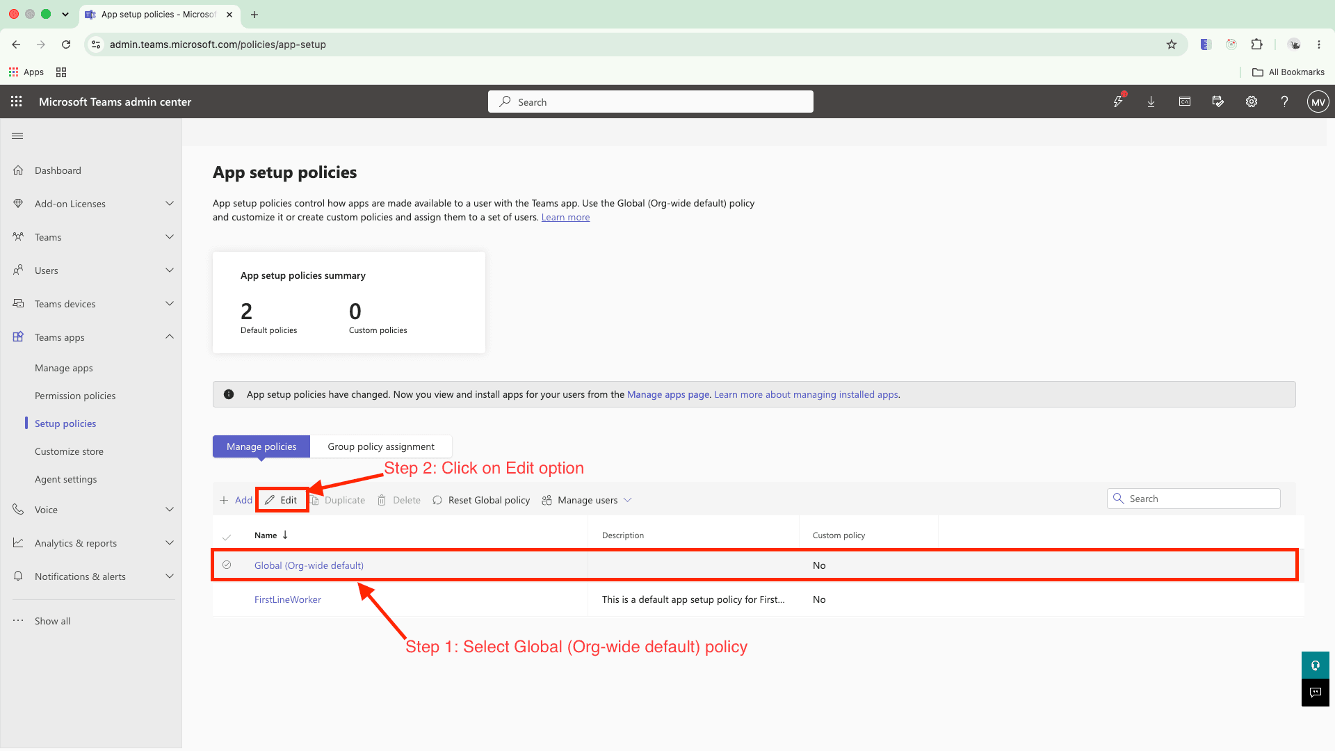 App setup policies page with Global Org-wide default selected and Edit highlighted
