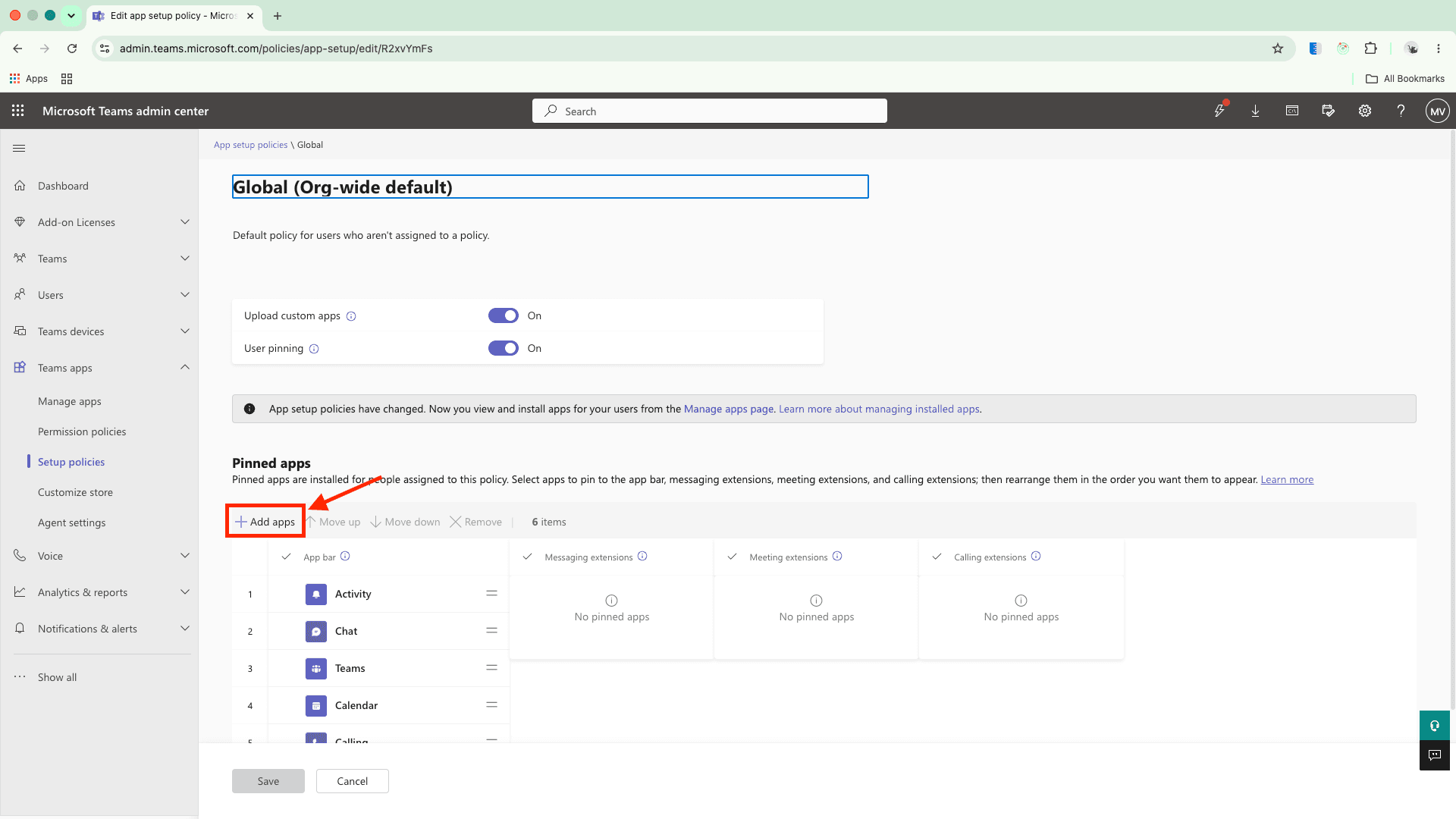 Edit app setup policy page with the Add apps button in Pinned apps highlighted