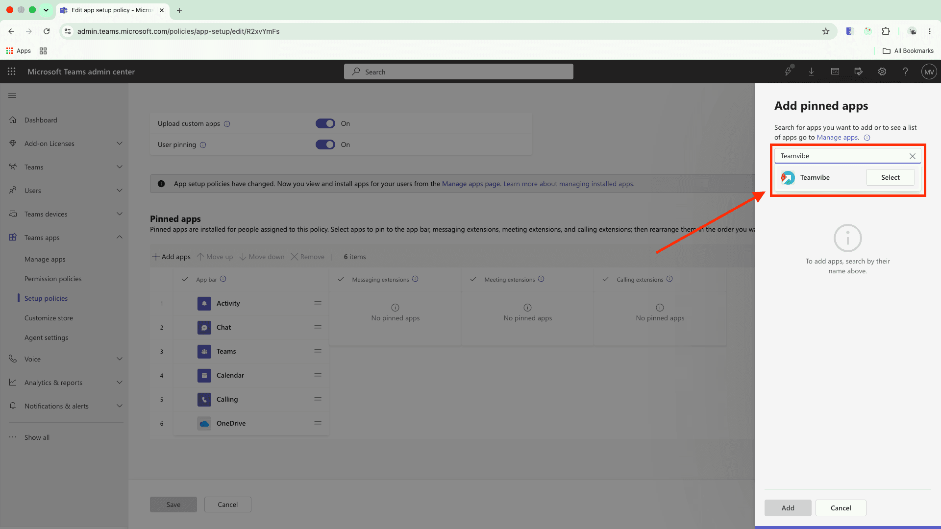 Add pinned apps pane with Teamvibe search results and Select highlighted