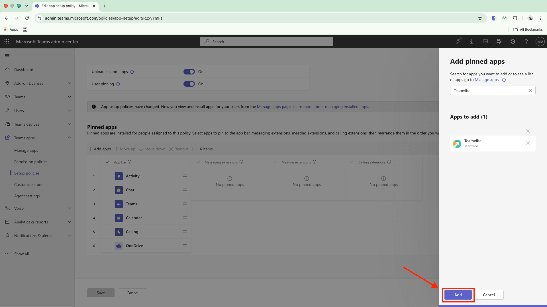 Add pinned apps pane with Teamvibe ready to add and the Add button highlighted