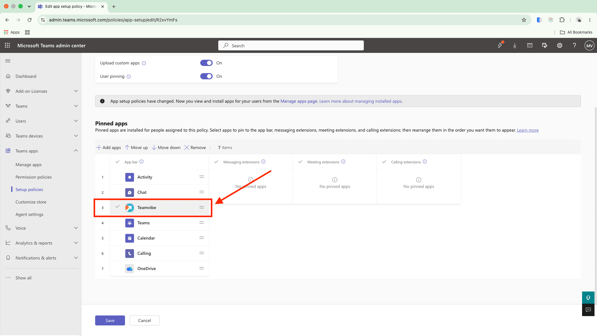 Pinned apps list with Teamvibe moved to the third position below Activity and Chat