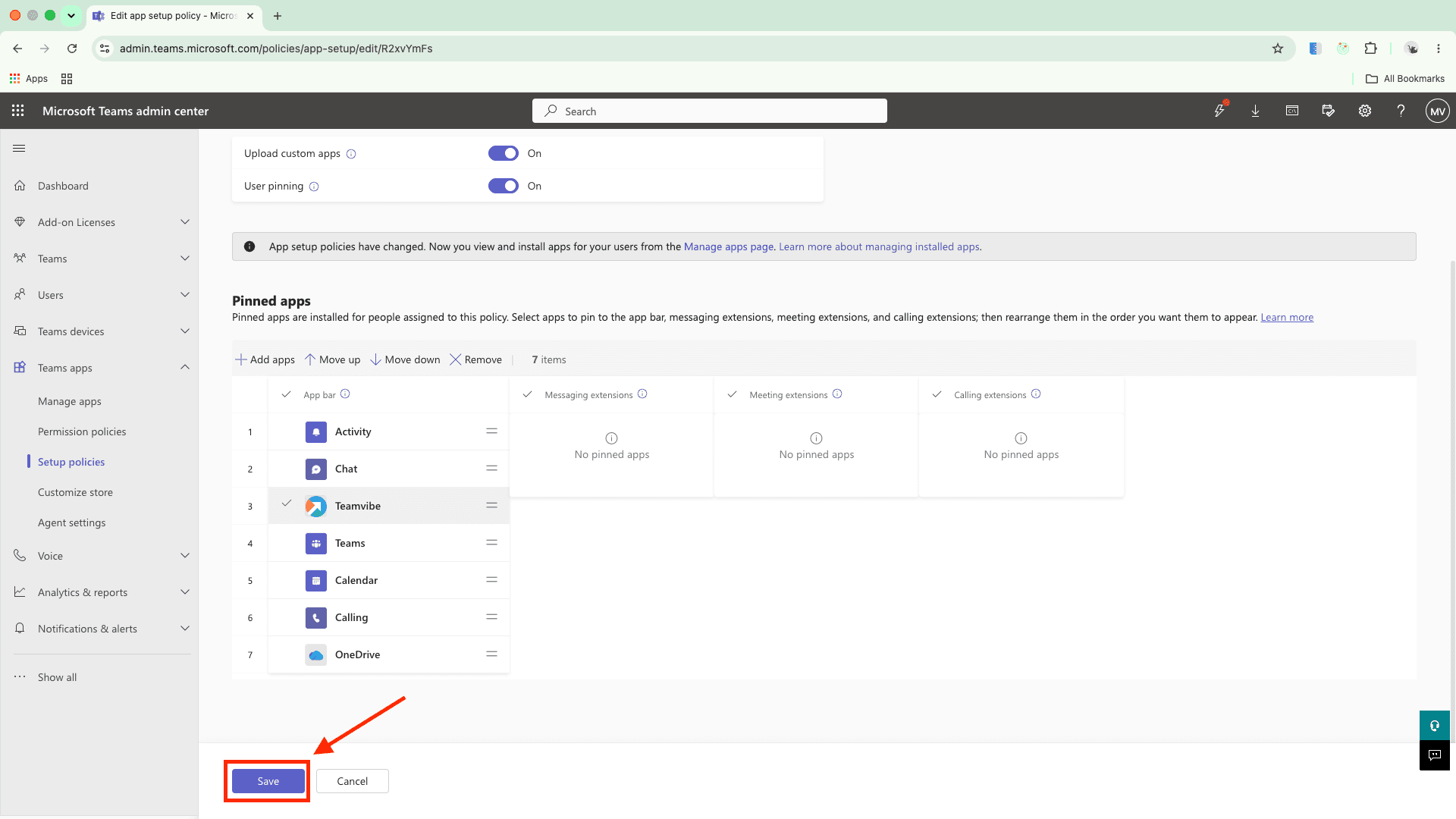 Edit app setup policy page with the Save button highlighted