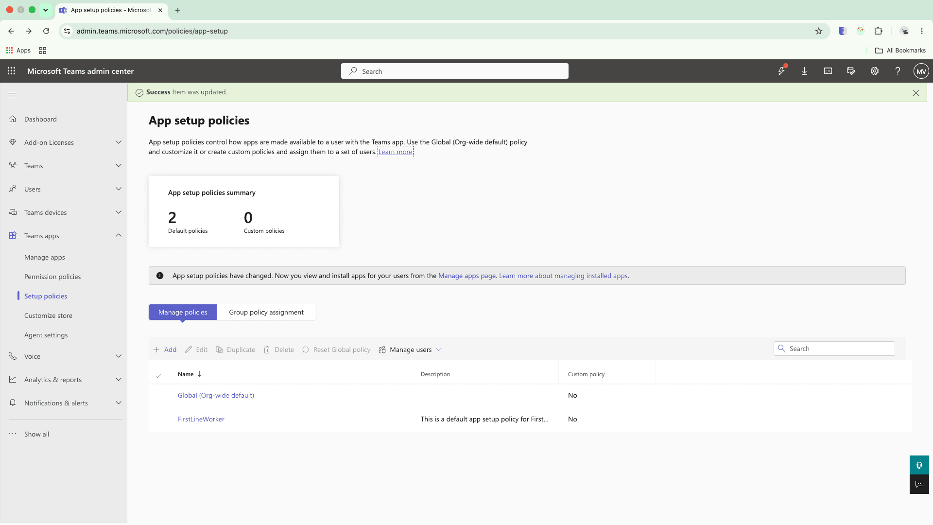 App setup policies page showing a success message after saving